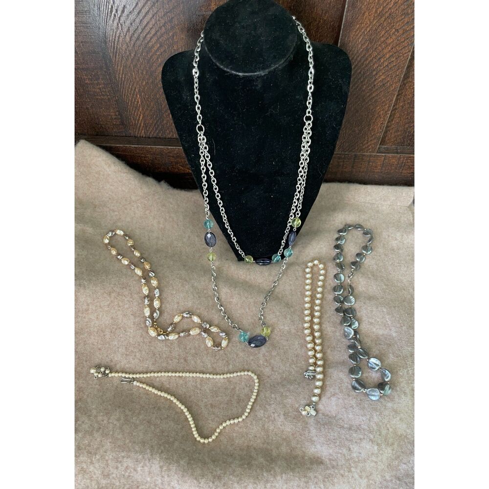 Necklace Jewelry Lot Faux Pearl Beaded Layered Silver Tone Statement Necklaces